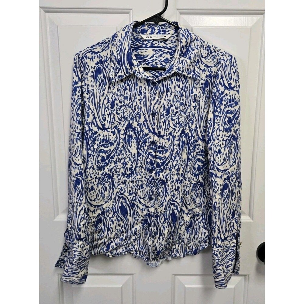 ZARA Womens Large L Blue White Paisley Abstract Print Satin Look Blouse Shirt